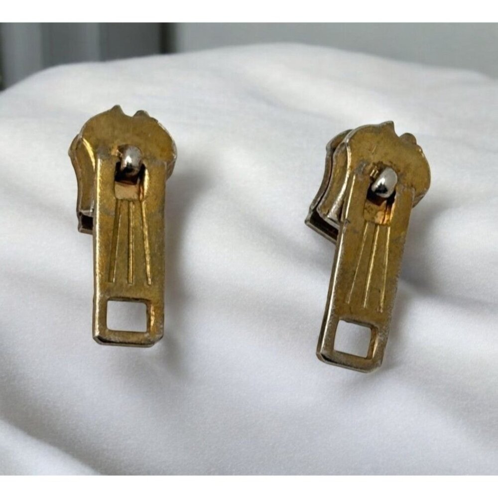 Vintage Zipper Pull Earrings Gold Tone Distressed Studs Fashion Jewelry